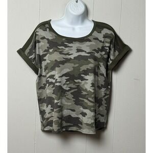 Lucky Brand Women's Camo Print Short Sleeve Scoop Neck Knit Top Green Grey Sz L